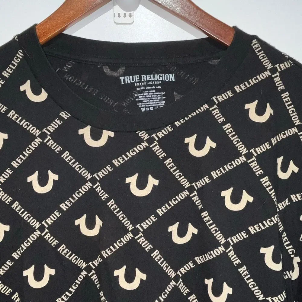 True Religion Mens Black Cream Monogram Crew Neck Cotton Short Sleeve T-Shirt XL